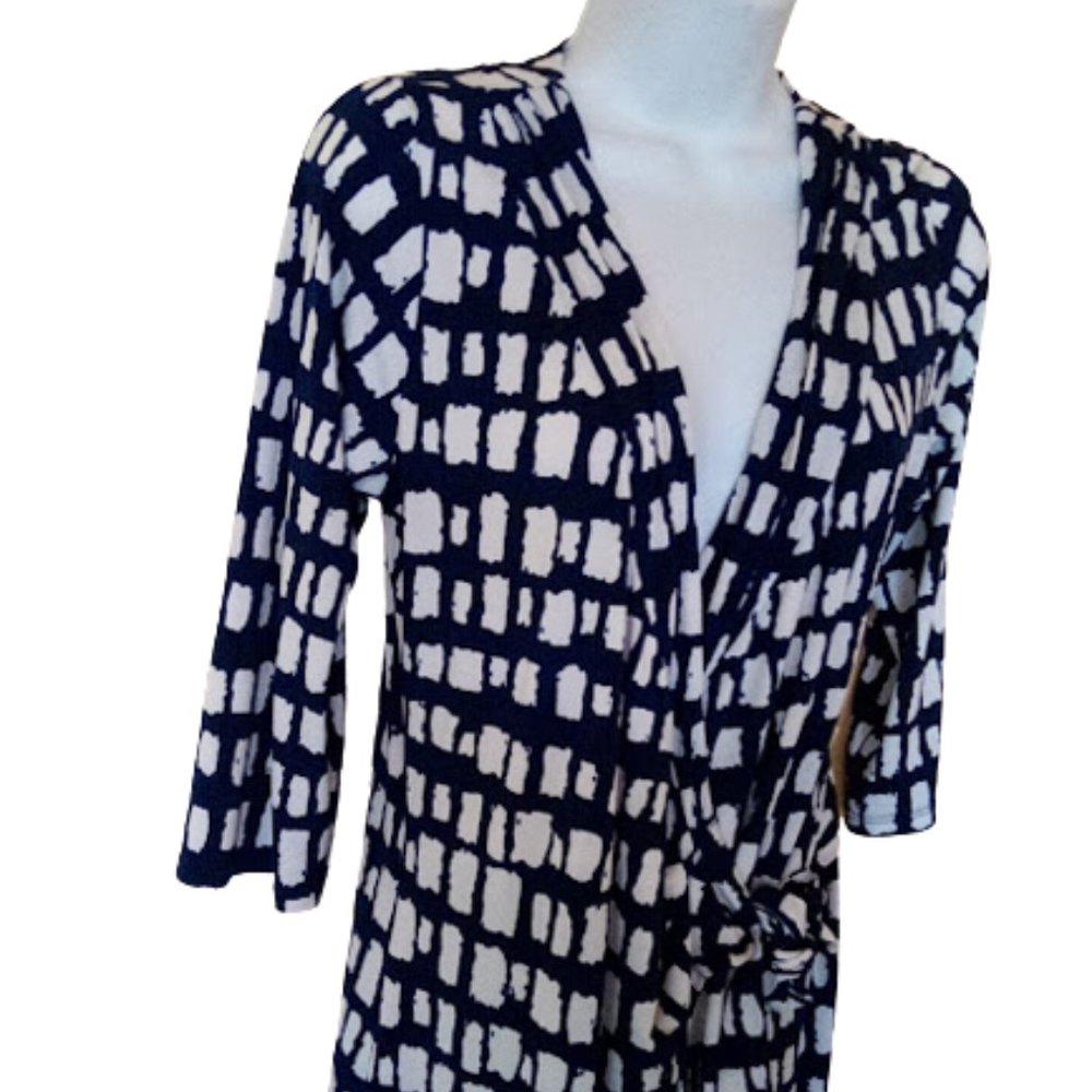 Black White Long Sleeve Faux Wrap  Stretch Dress Office Work Carreer Women Large - Picture 2 of 2